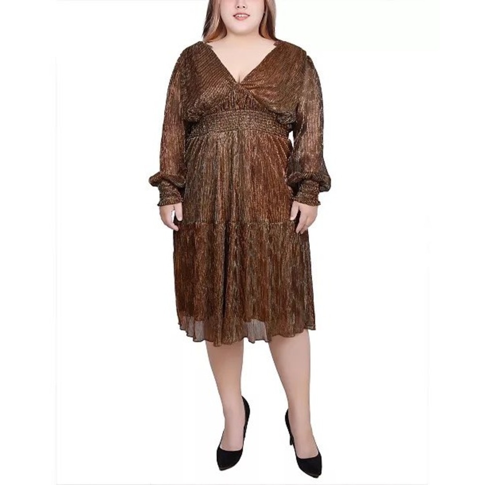 NY Collection Brown Metallic Sparkle Long Sleeve V Neck Tiered Midi Dress Sz XL